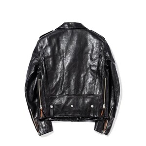 May include: Black leather jacket with a classic biker style. Features include a notched collar, asymmetrical zipper closure, multiple zippered pockets, and a belt detail at the waist. The jacket has a slightly distressed appearance.