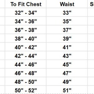 May include: A white chart with black text detailing clothing sizes, chest measurements in inches, waist measurements in inches, and sleeve lengths in inches. Sizes range from XXS to 5XL.