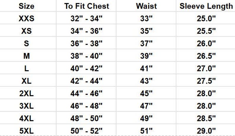May include: A white chart with black text detailing clothing sizes, chest measurements in inches, waist measurements in inches, and sleeve lengths in inches. Sizes range from XXS to 5XL.