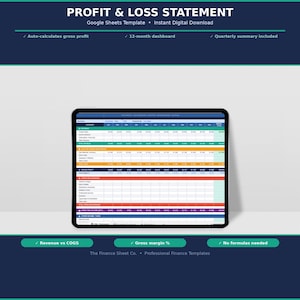May include: A digital profit and loss statement template on a tablet. The template includes a 12-month dashboard and quarterly summaries. Text on the image includes "Auto-calculates gross profit" and "Revenue vs COGS".