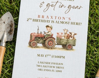 May include: A birthday invitation featuring a red tractor illustration with farm animals. The text reads "Start Your Tractors & Get in Gear" and announces Braxton's 2nd birthday. The invitation includes the date, time, and location.