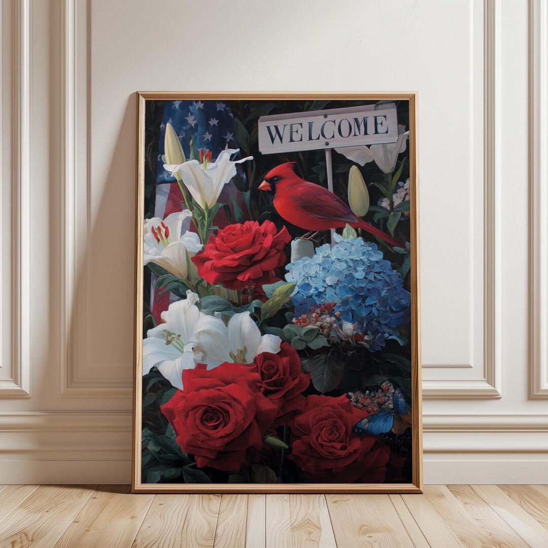 Cardinal Note Welcom Welcome Cardinal Poster : Patriotic Floral Wall Art, Americana Garden ...