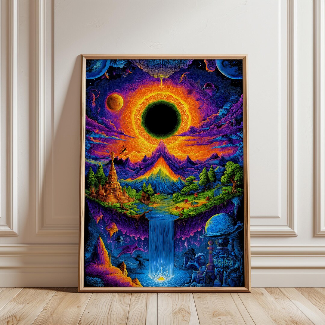 Psychedelic Eclipse Poster : Cosmic Fantasy Wall Art, Surreal Neon ...
