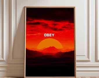 Obey Sunset Poster | Minimalist Red Landscape Decor | Bold Typography Wall Art |