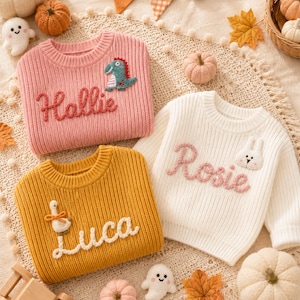 May include: Three long-sleeve knit sweaters in pink, mustard yellow, and white. The pink sweater features a dinosaur patch and the name Hallie. The yellow sweater has a goose patch and the name Luca. The white sweater has a rabbit patch and the name Rosie.