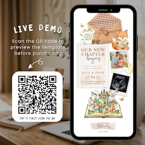 May include: A smartphone screen displaying a digital baby shower invitation template. The design features a brown envelope, a fox illustration, a photo of a couple, an ultrasound image, and a storybook graphic with the text OUR NEW CHAPTER BEGINS.