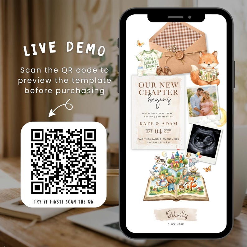 May include: A smartphone screen displaying a digital baby shower invitation template. The design features a brown envelope, a fox illustration, a photo of a couple, an ultrasound image, and a storybook graphic with the text OUR NEW CHAPTER BEGINS.
