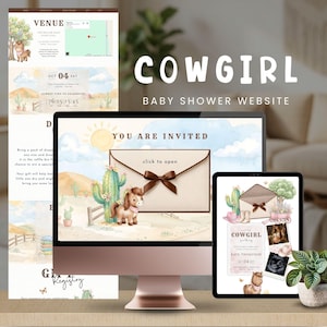 K&ouml;nnte beinhalten: Eine digitale Babyparty-Website-Vorlage auf einem Computermonitor und Tablet, mit Aquarellillustrationen eines Ponys, Kakteen und eines Umschlags mit brauner Schleife, inklusive Text wie "You Are Invited" und "Cowgirl Baby Shower".