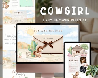 Cowgirl Baby Shower Website Invitation, Rodeo Baby Shower Invite, Cute Horse in Pink, Editable Template in Canva, A Little Cowgirl