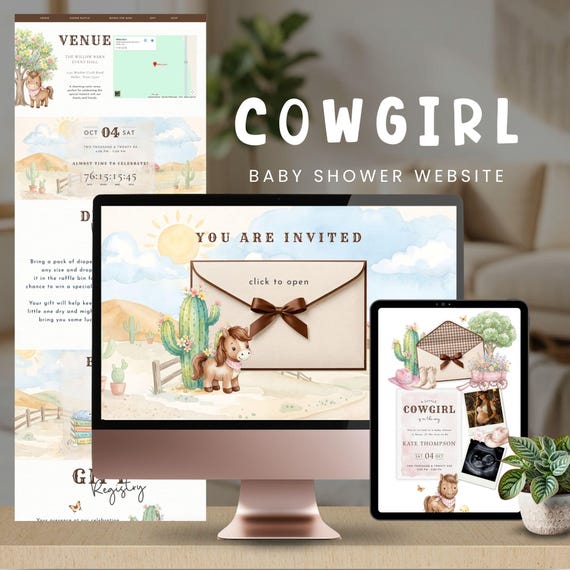 Cowgirl Baby Shower Website Invitation, Rodeo Baby Shower Invite, Cute Horse in Pink, Editable Template in Canva, A Little Cowgirl