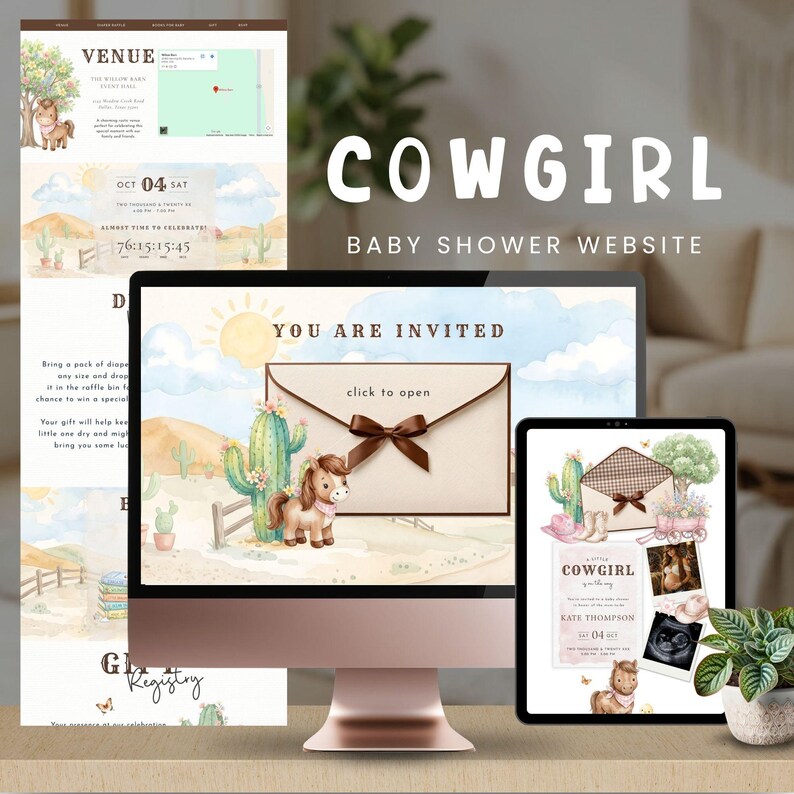 K&ouml;nnte beinhalten: Eine digitale Babyparty-Website-Vorlage auf einem Computermonitor und Tablet, mit Aquarellillustrationen eines Ponys, Kakteen und eines Umschlags mit brauner Schleife, inklusive Text wie "You Are Invited" und "Cowgirl Baby Shower".