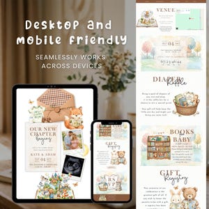 May include: A digital display showing a baby shower website template on a tablet and smartphone, featuring watercolour illustrations of animals, a book theme, event details for Kate and Adam, a diaper raffle section, and a gift registry.
