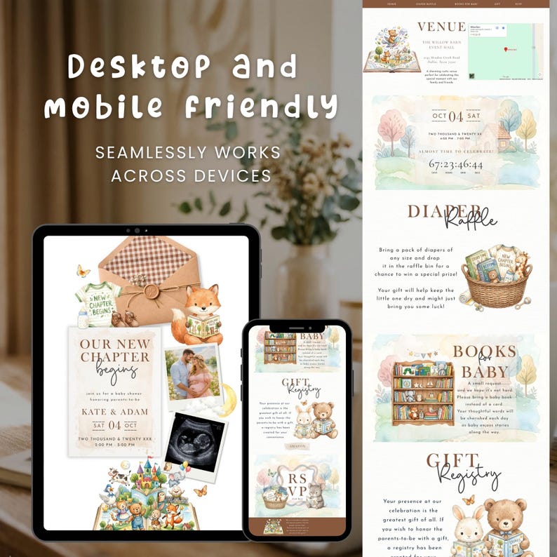 May include: A digital display showing a baby shower website template on a tablet and smartphone, featuring watercolour illustrations of animals, a book theme, event details for Kate and Adam, a diaper raffle section, and a gift registry.