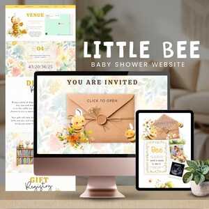 May include: A digital display of a Little Bee baby shower website featuring a brown envelope with a wax seal, watercolor floral illustrations, and cartoon bees. The screen shows text including You Are Invited, Click To Open, and Gift Registry.