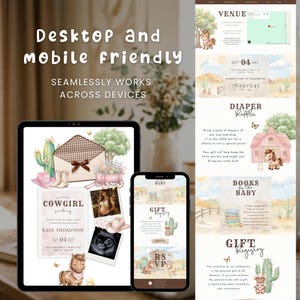 K&ouml;nnte beinhalten: Eine digitale Babyparty-Einladungsvorlage auf einem Tablet und Smartphone, mit Aquarellillustrationen eines Ponys, Kaktus, Cowboyhuts und Stiefeln, sowie dem Text A LITTLE COWGIRL IS ON THE WAY und dem Namen KATE THOMPSON.
