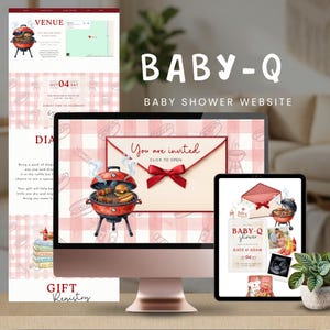May include: A digital display showing a Baby-Q baby shower website template on a computer monitor and a tablet. The design features a red and white checkered background, a red charcoal grill, and an envelope with a red bow and the text You are invited.
