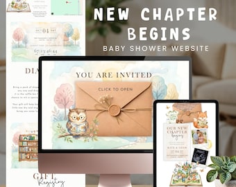 Ein neues Kapitel beginnt Baby Shower Website Einladung, bearbeitbare Canva TemplatE, Storybook Theme Digital Invite, Kinderzimmer Buchgeschichten