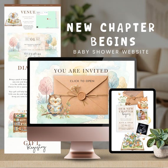 A New Chapter Begins Baby Shower Website Invitation, Editable Canva TemplatE, Storybook Theme Digital Invite, Nursery Book Stories
