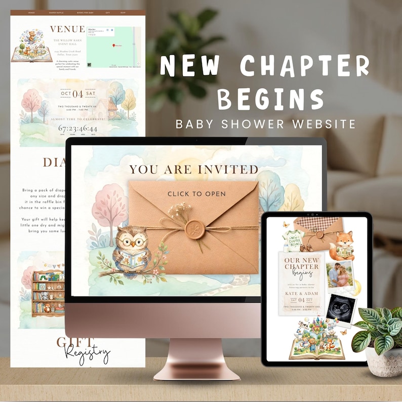 May include: A digital display showing a baby shower website template with the text NEW CHAPTER BEGINS. The screen features a watercolour illustration of an owl reading a book, a brown envelope with a wax seal, and a countdown timer for October 4th.