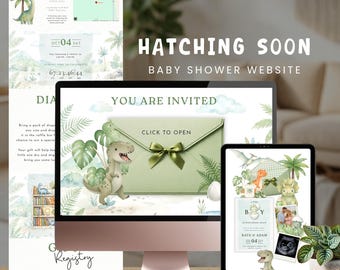 Brüten bald Babypartyeinladung, Einladung zur Dinosaurier-Babyparty-Website, bearbeitbare Canva-Vorlage, Dino-Ei-Thema Digitaler Einladungslink