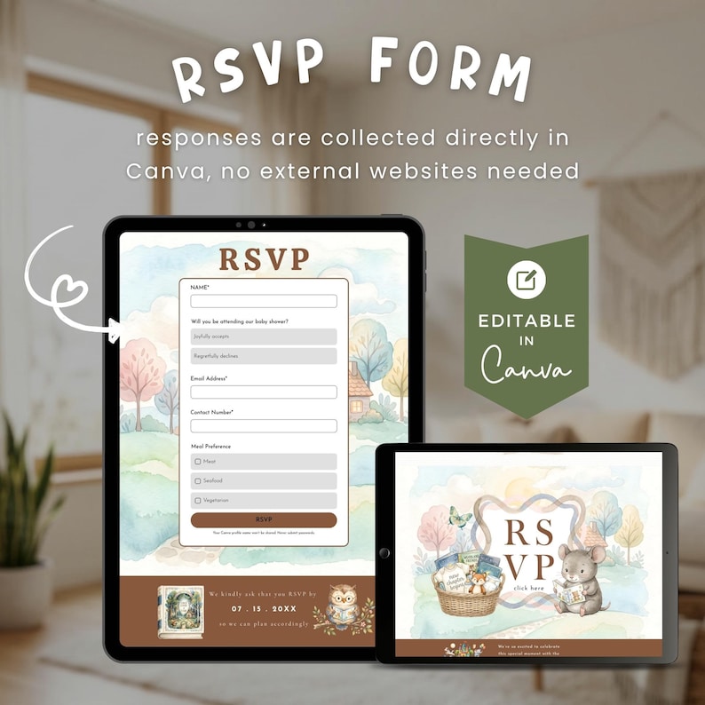 May include: A digital RSVP form template displayed on two tablets, featuring a watercolour landscape with trees and a house. The form includes fields for name, attendance, email, phone, and meal preference, with text stating RSVP FORM and EDITABLE IN Canva.