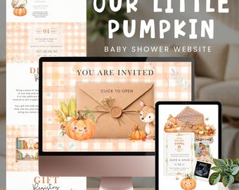 Ein kleiner Kürbis ist unterwegs, Babyparty-Website-Einladung, bearbeitbare Canva-Vorlage, Herbst Herbst digitale Einladung