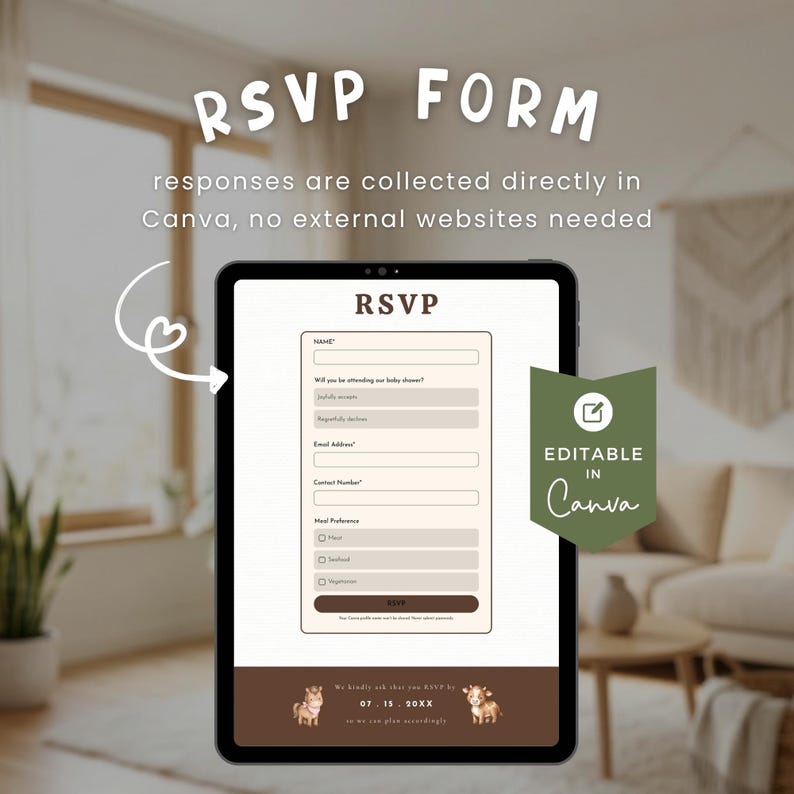 K&ouml;nnte beinhalten: Ein digitales RSVP-Formular auf einem Tablet-Bildschirm mit Feldern f&uuml;r Name, Teilnahme, E-Mail, Kontaktnummer und Essenspr&auml;ferenz. Das Design umfasst braunen Text, eine dunkelbraune Fu&szlig;zeile mit zwei kleinen Tierillustrationen und ein Datum.