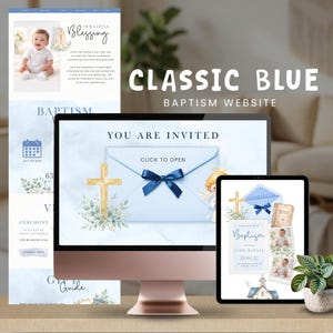 Baptism Invitation for Boy, Christening Website Invitation, Digital Invitation, Editable Canva Template, Elegant Digital Invite