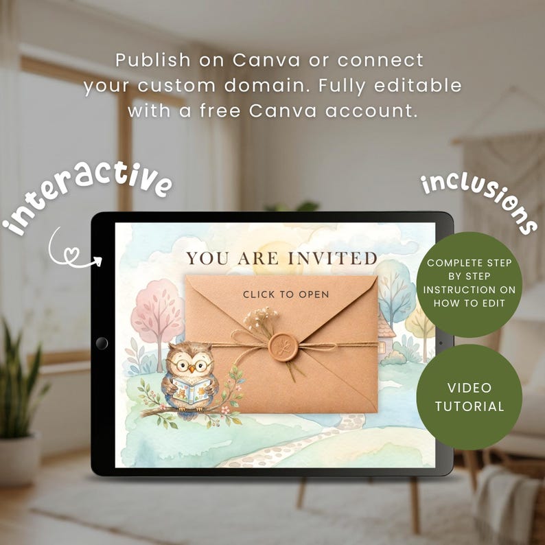 May include: A digital tablet displaying an interactive invitation template featuring a watercolour illustration of an owl reading a book, a brown envelope with a wax seal, and the text YOU ARE INVITED and CLICK TO OPEN, with instructional text.