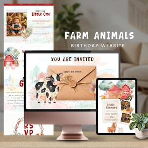 May include: A desktop computer, tablet, and laptop display a farm animal-themed birthday website. The website features illustrations of a baby, cow, rooster, and farm scenes. The text includes "Farm Animals Birthday Website" and "You Are Invited."