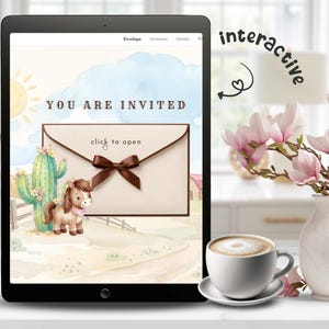 Cowgirl-Babyparty-Website-Einladung, Rodeo-Babyparty einladen, niedliches Pferd in Rosa, bearbeitbare Vorlage in Canva, ein kleines Cowgirl Bild 2