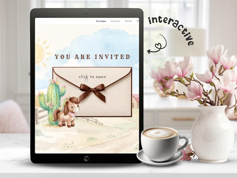 Cowgirl-Babyparty-Website-Einladung, Rodeo-Babyparty einladen, niedliches Pferd in Rosa, bearbeitbare Vorlage in Canva, ein kleines Cowgirl Bild 2