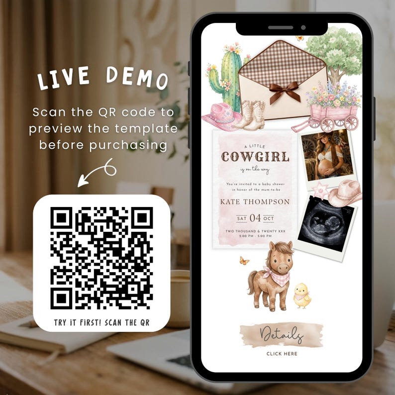 K&ouml;nnte beinhalten: Ein Smartphone-Bildschirm zeigt eine digitale Babyparty-Einladungsvorlage mit Western-Grafiken, darunter ein Kaktus, Cowboystiefel, ein Wagen, ein Pony und ein K&uuml;ken. Der Text lautet A LITTLE COWGIRL is on the way, KATE THOMPSON, SAT 04 OCT.