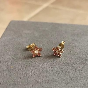 May include: A pair of gold stud earrings shaped like five-petaled flowers. Each earring features small, reddish-pink stones set into the petals surrounding a single, clear, central stone. The earrings have a metallic gold finish and post backs.