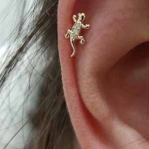 May include: A gold-colored lizard-shaped earring with small, clear gemstones. The earring is attached to an ear. The lizard has a detailed design, including legs, a tail, and a head.