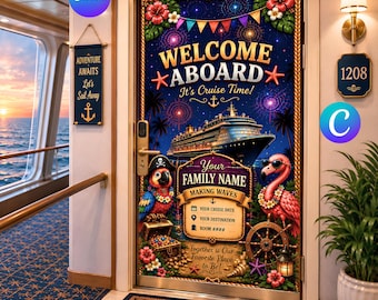 Banner personalizado para la puerta del crucero / Decoración para cruceros familiares / Decoración para la puerta del primer crucero / Tema de crucero tropical / Plantilla editable de Canva