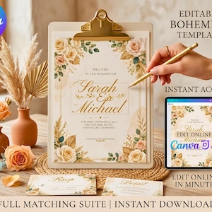 May include: A wedding invitation template with floral accents and the names "Sarah & Michael" in elegant script. The design includes a clipboard, a tablet displaying the design, and additional stationery. The words "Editable Bohemian Template" are visible.