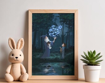 Tovenaar en kind magische muurkunst, fantasie afbeelding afdrukken