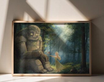 Golem kunst aan de muur betoverd bos, fantasie afbeelding afdruk