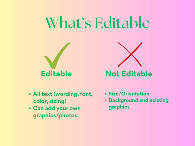 May include: An image with a gradient background of yellow, pink, and purple. The text "What's Editable" is at the top. A green checkmark and the word "Editable" are on the left. A red X and the words "Not Editable" are on the right. Below are lists of what is and isn't editable.