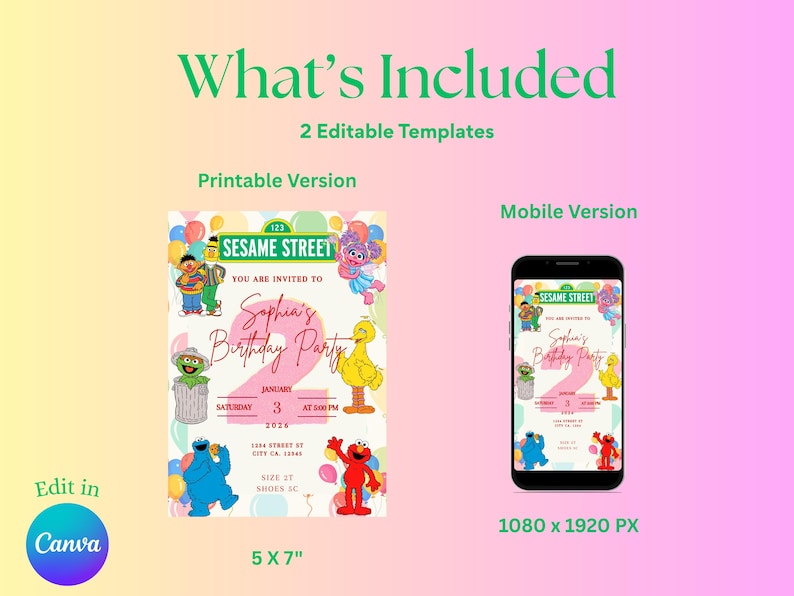 May include: A digital invitation template for a Sesame Street-themed birthday party. The design includes a printable version (5x7 inches) and a mobile version (1080 x 1920 px). The invitation features Sesame Street characters and the text "Sophia's Birthday Party".