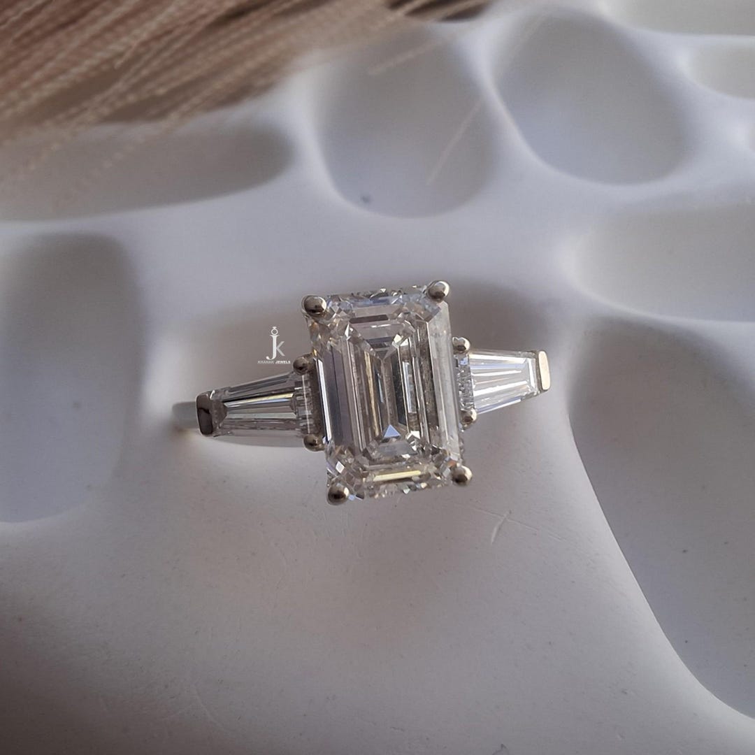 Emerald Cut Lab Grown Diamond Three Stone Ring 14K Gold Engagement Ring ...