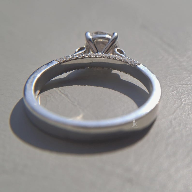 Round Lab Grown Diamond Hidden Halo Engagement Ring, Four Prong Vintage ...