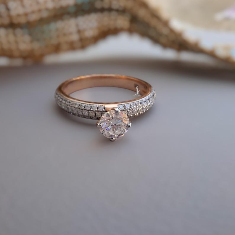 Lab Grown Diamond Engagement Ring: Three Row Pave, Round Cut Bridal ...