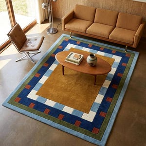 Handmade Rug Hand Tufted Wool Rug | Blue Beige Green Rectangular Carpet with Geometric Border Pattern Modern Retro Design. 8x10 Custom sizes