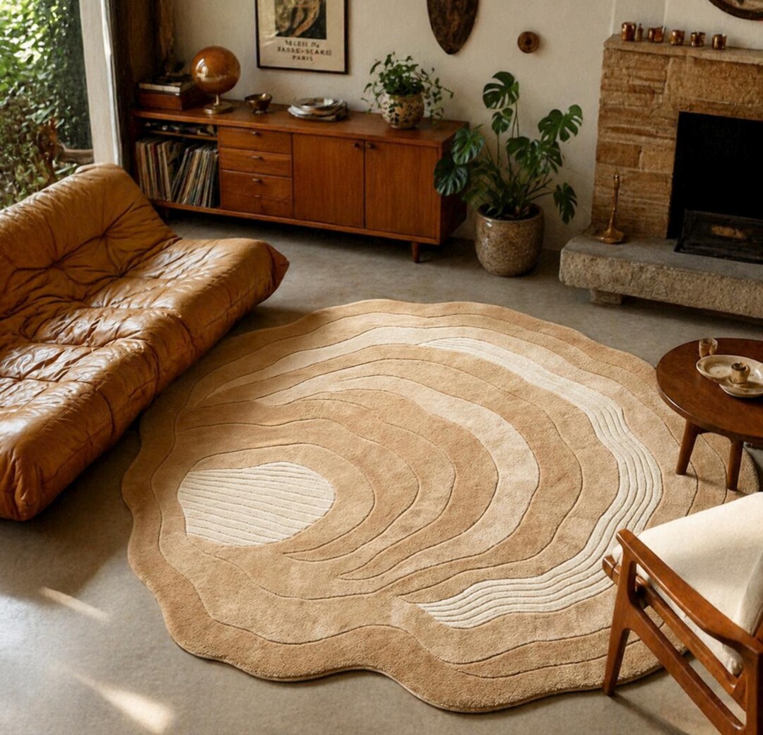 Organic Shape Abstract Rug, Hand Tufted Wool Area Rug, Beige Neutral ...