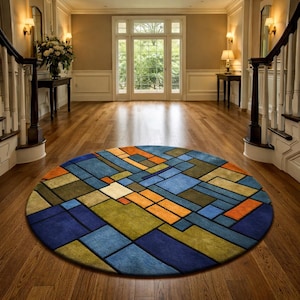 Geometric Mosaic Wool Rug, Abstract Block Tufted Carpet, Modern Art Round Rug, Colorful Mid Century Rug, Statement Living Room Decor