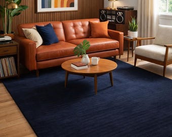 Midnight Black Ribbed Wool Area Rug - Modern Minimalist Textured 6x6 8x10 Hand-Tufted Carpet in Round, Runner, Square & Rectangle Shapes.