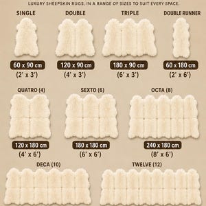 May include: A beige informational chart titled NordicHideCo Handcrafted Luxury Sheepskin Rug Size Guide. It displays ten white sheepskin rug configurations labeled Single, Double, Triple, Double Runner, Quatro, Sexto, Octa, Deca, and Twelve with dimensions in cm and feet.