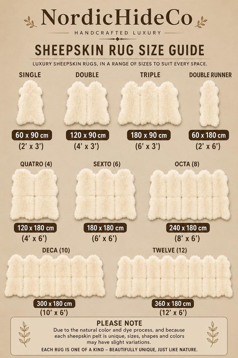 May include: A beige informational chart titled NordicHideCo Handcrafted Luxury Sheepskin Rug Size Guide. It displays ten white sheepskin rug configurations labeled Single, Double, Triple, Double Runner, Quatro, Sexto, Octa, Deca, and Twelve with dimensions in cm and feet.